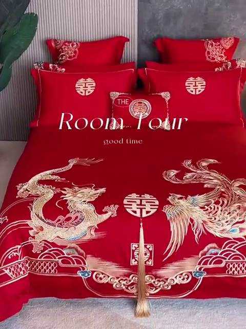 91家纺网 家纺一手货源 找家纺 宏羽纺家纺 2024新款13372纯棉婚庆套件系列 龙凤爱恋