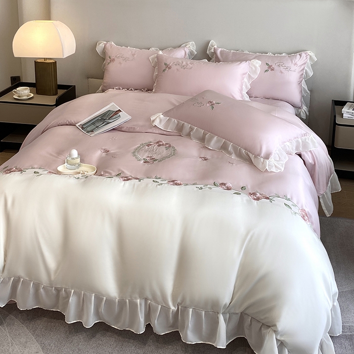 91家纺网 家纺一手货源 找家纺 优悦生活馆 2024新款刺绣款磨毛四件套-假日玫瑰 假日玫瑰-粉