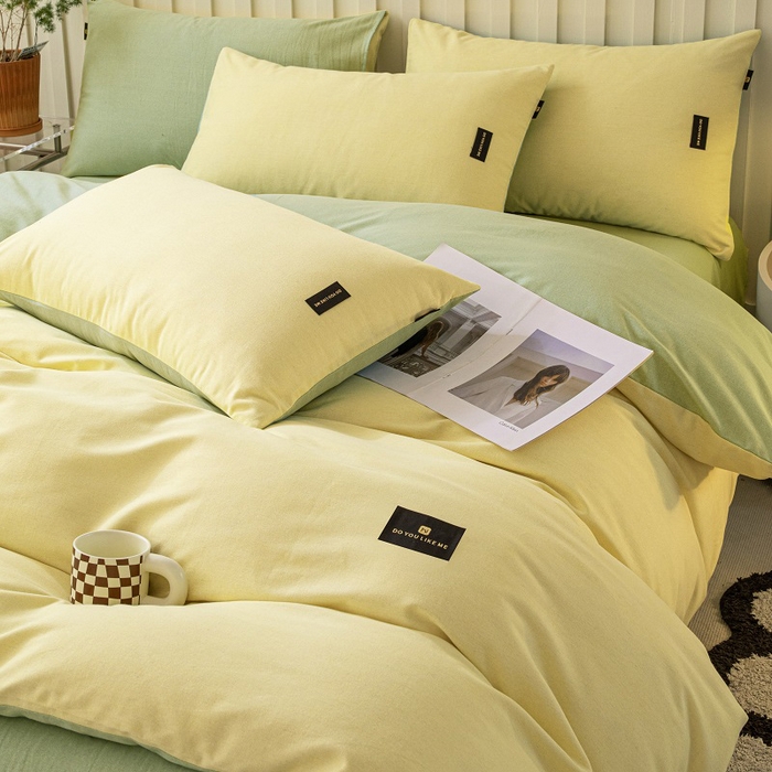 91家纺网 家纺一手货源 找家纺 涵宸家纺 2024新款原棉纯色织标磨毛单品及套件--四件套 奶黄+豆绿