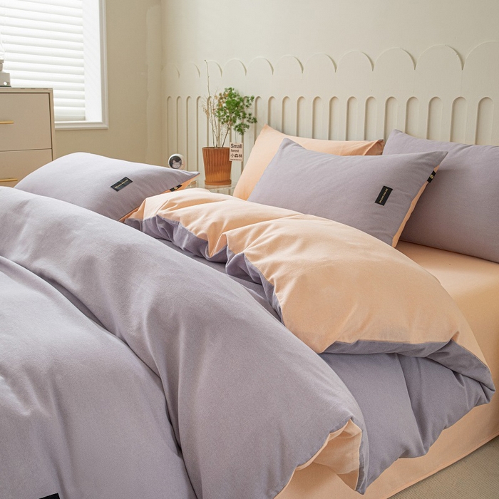 91家纺网 家纺一手货源 找家纺 涵宸家纺 2024新款原棉纯色织标磨毛单品及套件--四件套 烟紫+粉