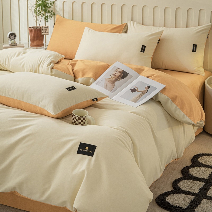 91家纺网 家纺一手货源 找家纺 涵宸家纺 2024新款原棉纯色织标磨毛单品及套件--四件套 奶昔白+桔