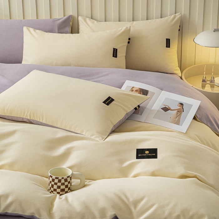 91家纺网 家纺一手货源 找家纺 涵宸家纺 2024新款原棉纯色织标磨毛单品及套件--四件套 奶昔白+烟紫