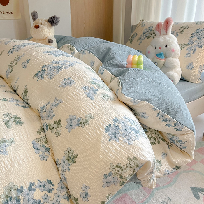 91家纺网 家纺一手货源 找家纺 安哆啦家纺 2024新款A类有氧泡泡纱云纱棉学生季宿舍床三四件套 绣球蓝