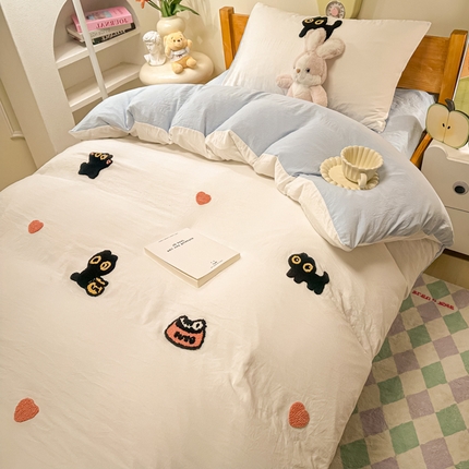 91家纺网 家纺一手货源 找家纺 （总）韩巢家纺 2024新款学生宿舍寝室上下铺超柔水洗棉毛巾绣单件被套-幸运猫