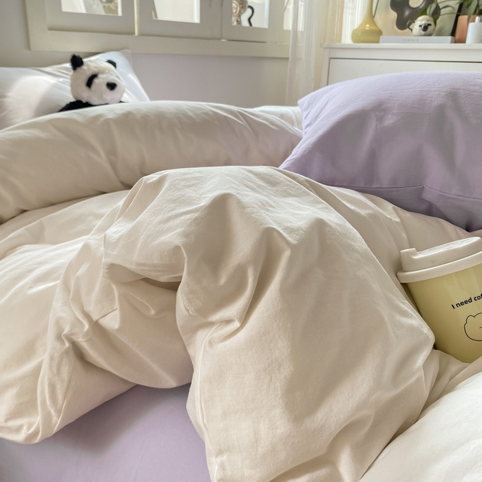 91家纺网 家纺一手货源 找家纺 繁花 2024新款纯色水洗棉素色四件套 可可白+紫