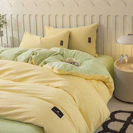 91家纺网 家纺一手货源 找家纺 涵宸家纺 2024新款原棉纯色织标磨毛单品及套件--被套 奶黄+豆绿
