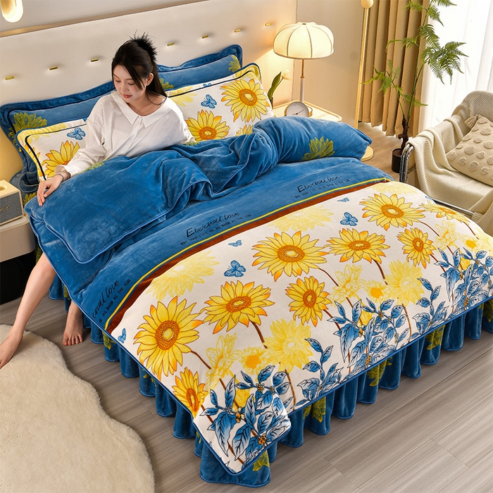 91家纺网 家纺一手货源 找家纺 馨梦缘 2025新款小包边款牛奶绒8.5斤高克重牛奶绒金雕绒床裙款四件套 向阳花开