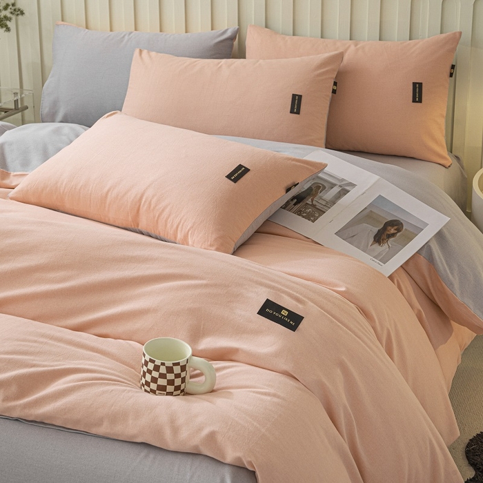 91家纺网 家纺一手货源 找家纺 涵宸家纺 2024新款原棉纯色织标磨毛单品及套件--四件套 粉+浅灰