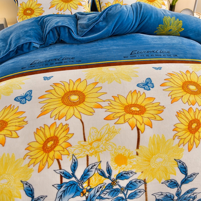 91家纺网 家纺一手货源 找家纺 馨梦缘 2025新款小包边款牛奶绒8.5斤高克重牛奶绒金雕绒床裙款四件套 向阳花开