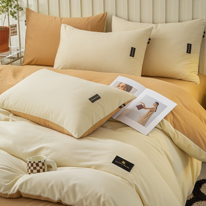 91家纺网 家纺一手货源 找家纺 涵宸家纺 2024新款原棉纯色织标磨毛单品及套件--四件套 奶昔白+咖