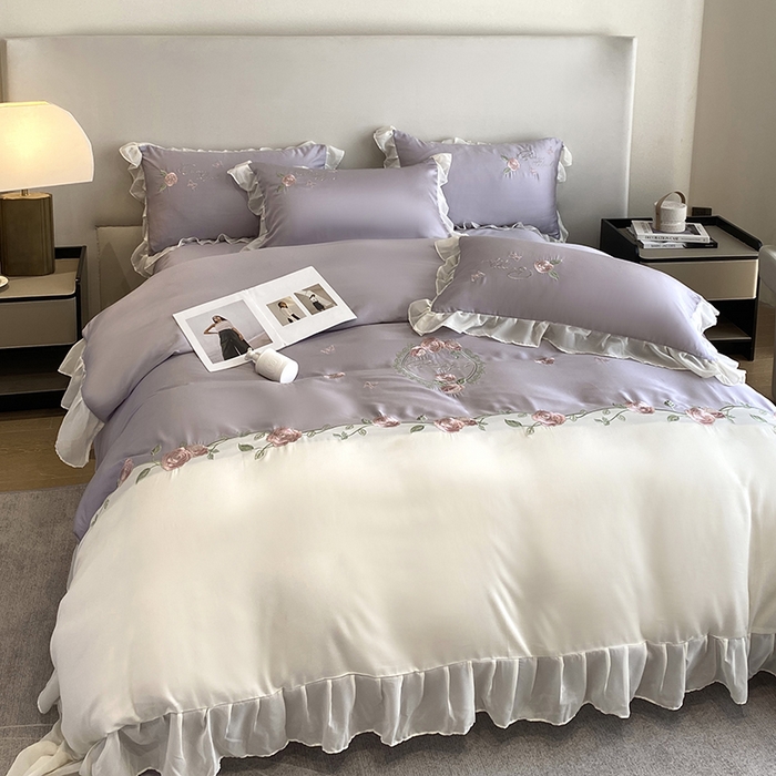91家纺网 家纺一手货源 找家纺 优悦生活馆 2024新款刺绣款磨毛四件套-假日玫瑰 假日玫瑰-紫