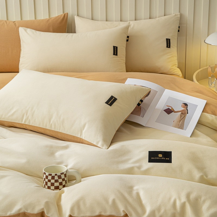 91家纺网 家纺一手货源 找家纺 涵宸家纺 2024新款原棉纯色织标磨毛单品及套件--四件套 奶昔白+咖