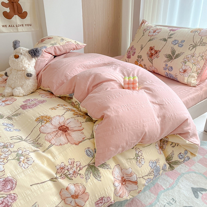 91家纺网 家纺一手货源 找家纺 安哆啦家纺 2024新款A类有氧泡泡纱云纱棉学生季宿舍床三四件套 秘境花园