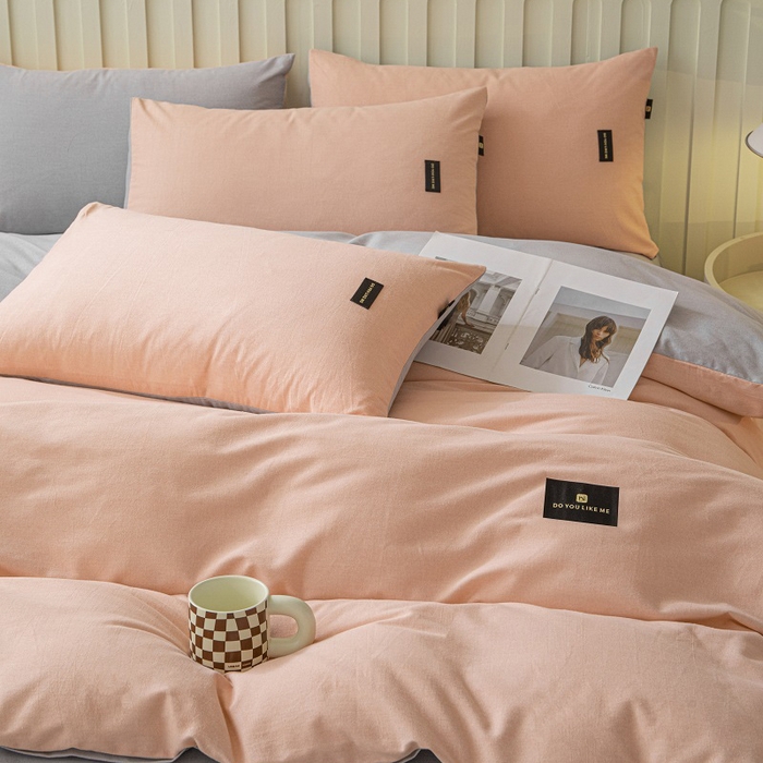 91家纺网 家纺一手货源 找家纺 涵宸家纺 2024新款原棉纯色织标磨毛单品及套件--被套 粉+浅灰