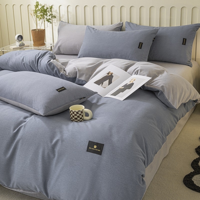 91家纺网 家纺一手货源 找家纺 涵宸家纺 2024新款原棉纯色织标磨毛单品及套件--四件套 丈兰+浅灰