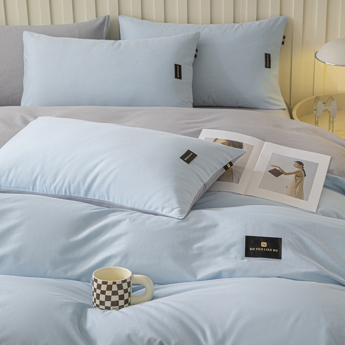 91家纺网 家纺一手货源 找家纺 涵宸家纺 2024新款原棉纯色织标磨毛单品及套件--四件套 兰+浅灰