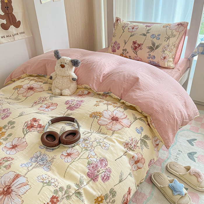 91家纺网 家纺一手货源 找家纺 安哆啦家纺 2024新款A类有氧泡泡纱云纱棉学生季宿舍床三四件套 秘境花园