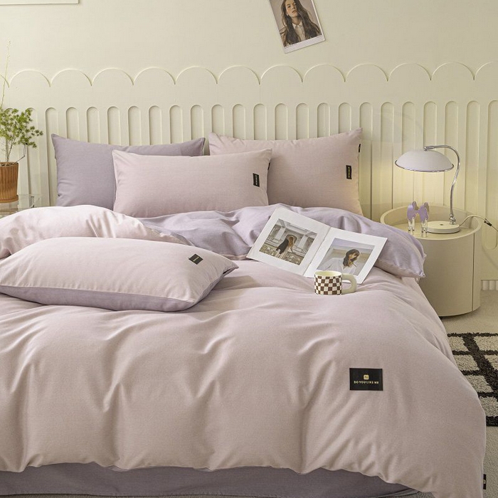 91家纺网 家纺一手货源 找家纺 涵宸家纺 2024新款原棉纯色织标磨毛单品及套件--四件套 浅紫+烟紫