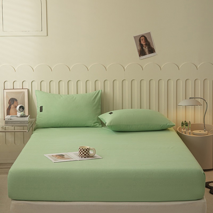 91家纺网 家纺一手货源 找家纺 涵宸家纺 2024新款原棉纯色织标磨毛单品及套件--床笠 单床笠-豆绿