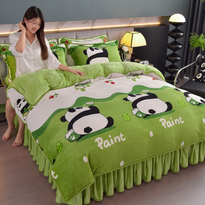 91家纺网 家纺一手货源 找家纺 锦铭源2025直播印花7斤牛奶绒金貂水晶法莱珊瑚绒四件套床裙款快乐熊猫