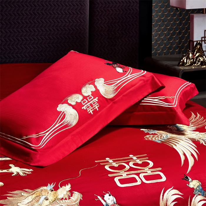 91家纺网 家纺一手货源 找家纺 宏羽纺家纺 2024新款13372纯棉婚庆套件系列 龙凤呈禧