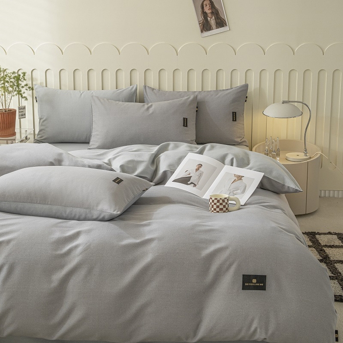 91家纺网 家纺一手货源 找家纺 涵宸家纺 2024新款原棉纯色织标磨毛单品及套件--四件套 中灰+浅灰