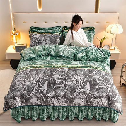 馨梦缘 2025新款小包边款牛奶绒8.5斤高克重牛奶绒金雕绒床裙款四件套 叶语浪漫