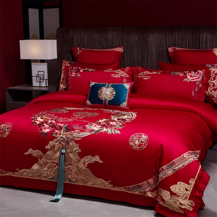 91家纺网 家纺一手货源 找家纺 宏羽纺家纺 2024新款高支高密纯棉提花婚庆套件系列（控价680） 天赐良缘-红