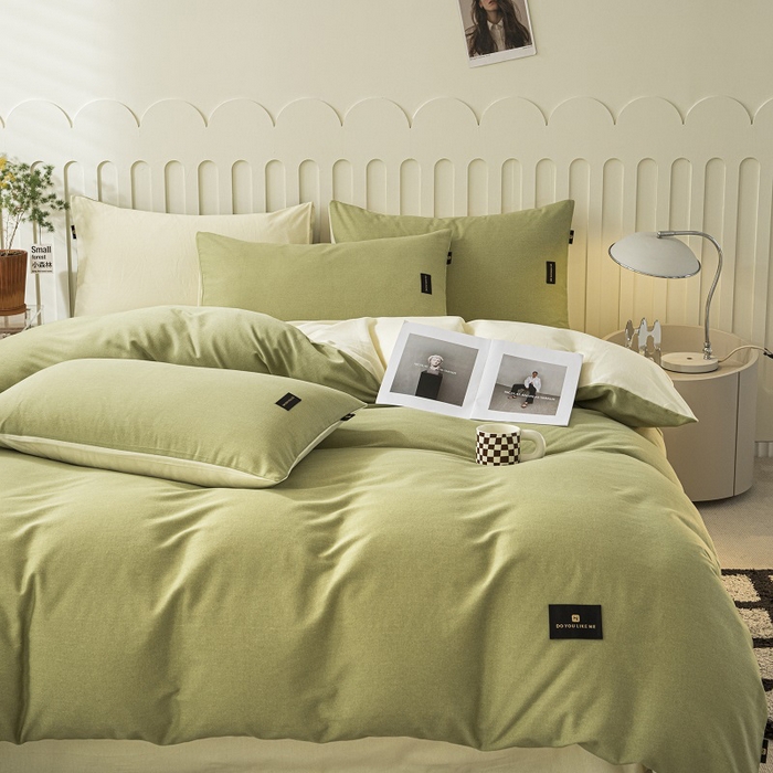 91家纺网 家纺一手货源 找家纺 涵宸家纺 2024新款原棉纯色织标磨毛单品及套件--四件套 草绿+奶昔白