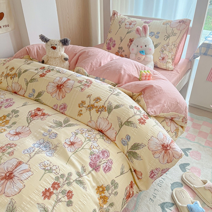 91家纺网 家纺一手货源 找家纺 安哆啦家纺 2024新款A类有氧泡泡纱云纱棉学生季宿舍床三四件套 秘境花园