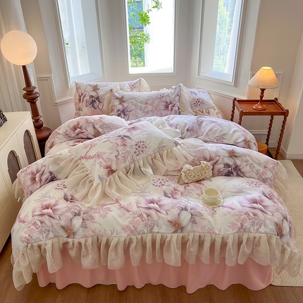 网红馆（ck家纺）2025新款鹿锦棉印花床裙四件套 醉朱颜-粉