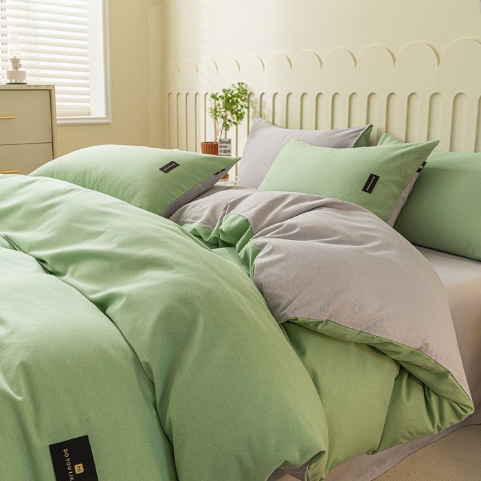 91家纺网 家纺一手货源 找家纺 涵宸家纺 2024新款原棉纯色织标磨毛单品及套件--四件套 豆绿+浅灰