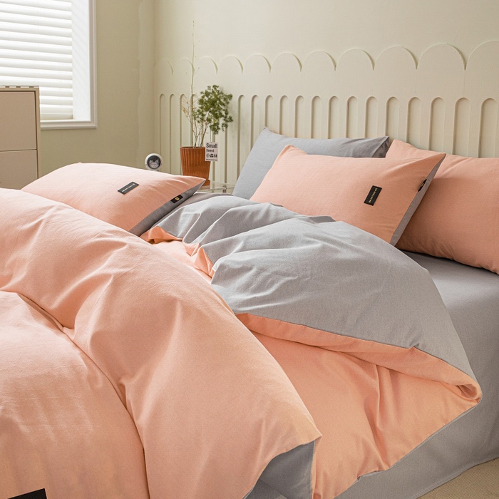 91家纺网 家纺一手货源 找家纺 涵宸家纺 2024新款原棉纯色织标磨毛单品及套件--四件套 粉+浅灰