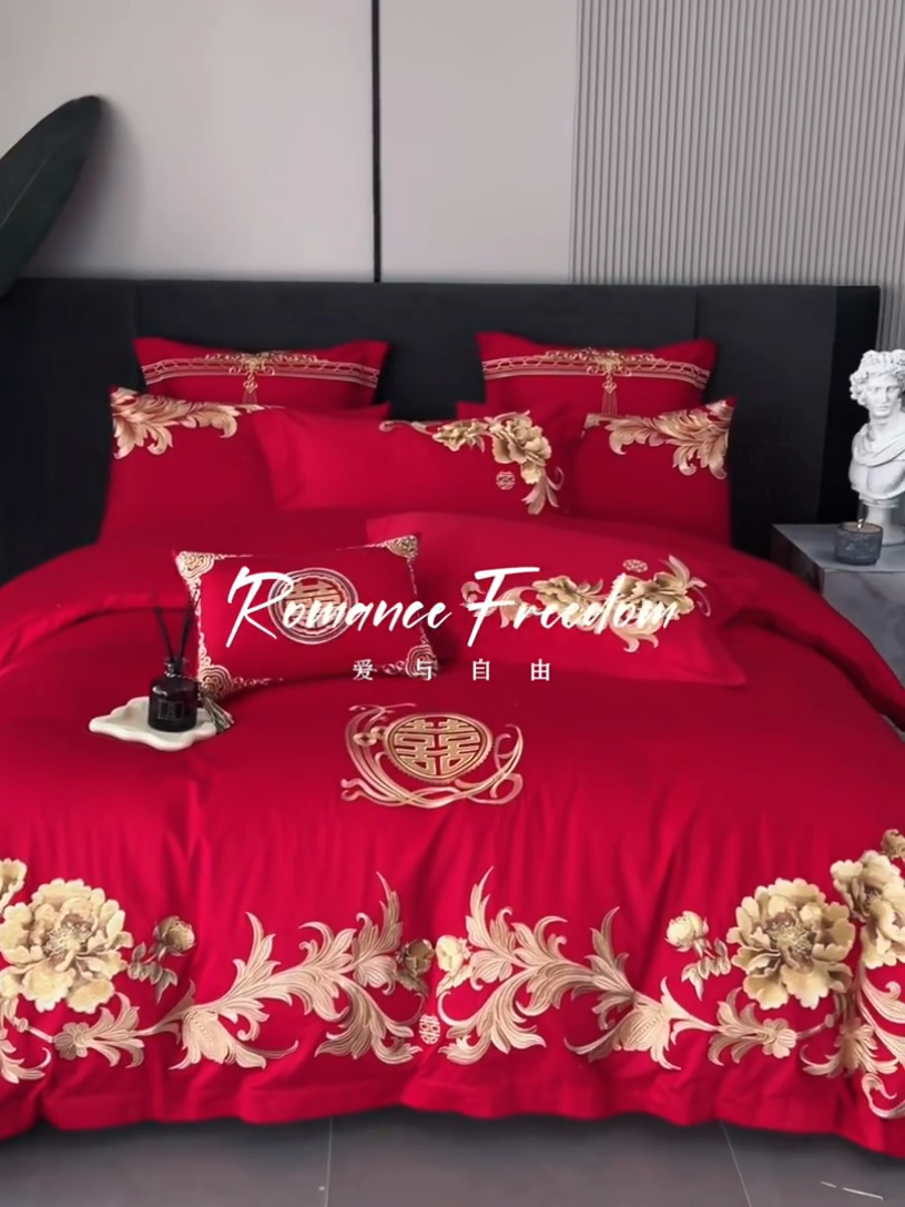 91家纺网 家纺一手货源 找家纺 宏羽纺家纺 2024新款13372纯棉婚庆套件系列 浪漫之花-时尚