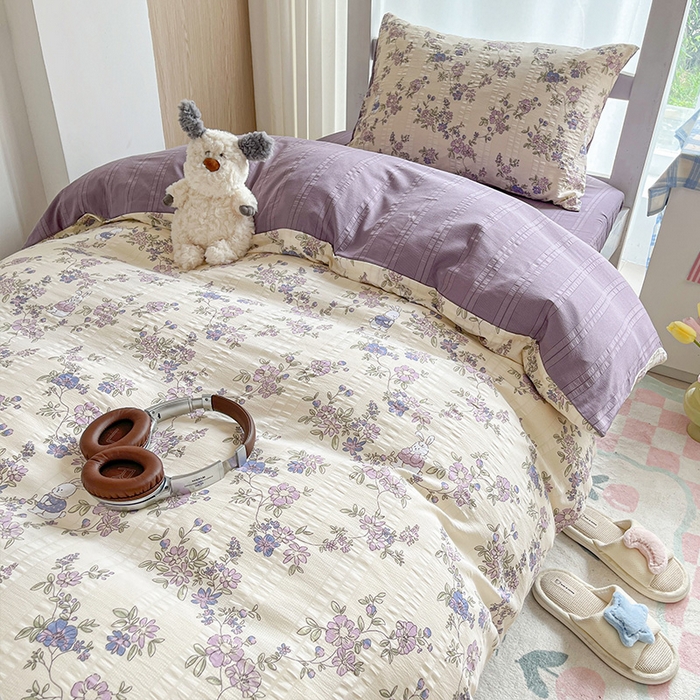 91家纺网 家纺一手货源 找家纺 安哆啦家纺 2024新款A类有氧泡泡纱云纱棉学生季宿舍床三四件套 花园兔