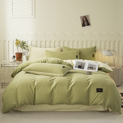涵宸家纺 2024新款原棉纯色织标磨毛单品及套件--四件套 草绿+奶昔白