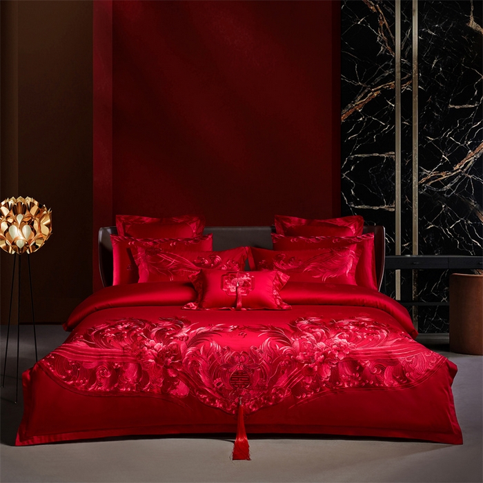 91家纺网 家纺一手货源 找家纺 宏羽纺家纺 2024新款高支高密纯棉提花婚庆套件系列（控价680） 凤凰来仪-红