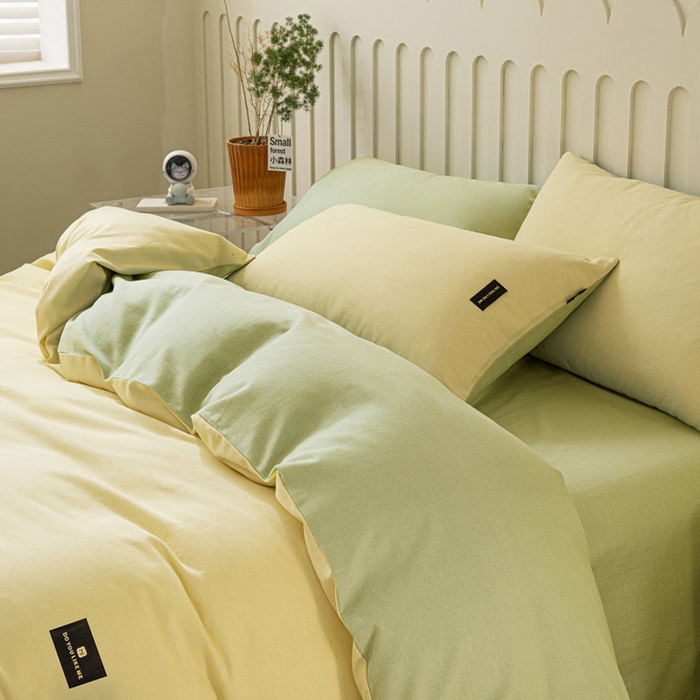 91家纺网 家纺一手货源 找家纺 涵宸家纺 2024新款原棉纯色织标磨毛单品及套件--四件套 奶黄+豆绿