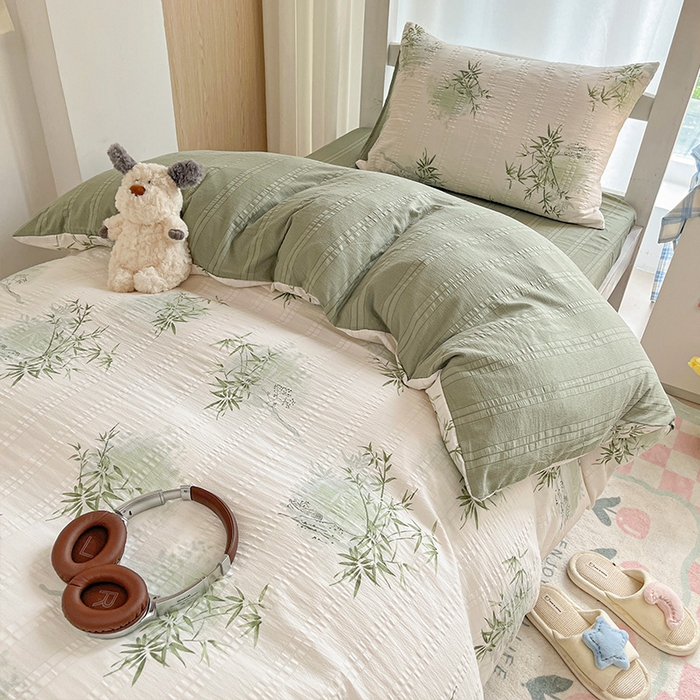 91家纺网 家纺一手货源 找家纺 安哆啦家纺 2024新款A类有氧泡泡纱云纱棉学生季宿舍床三四件套 有竹