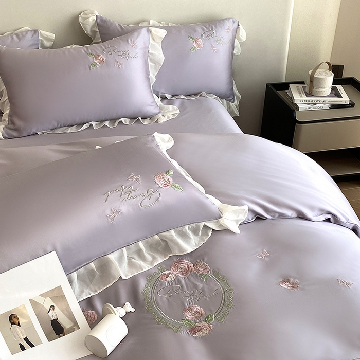 91家纺网 家纺一手货源 找家纺 优悦生活馆 2024新款刺绣款磨毛四件套-假日玫瑰 假日玫瑰-紫