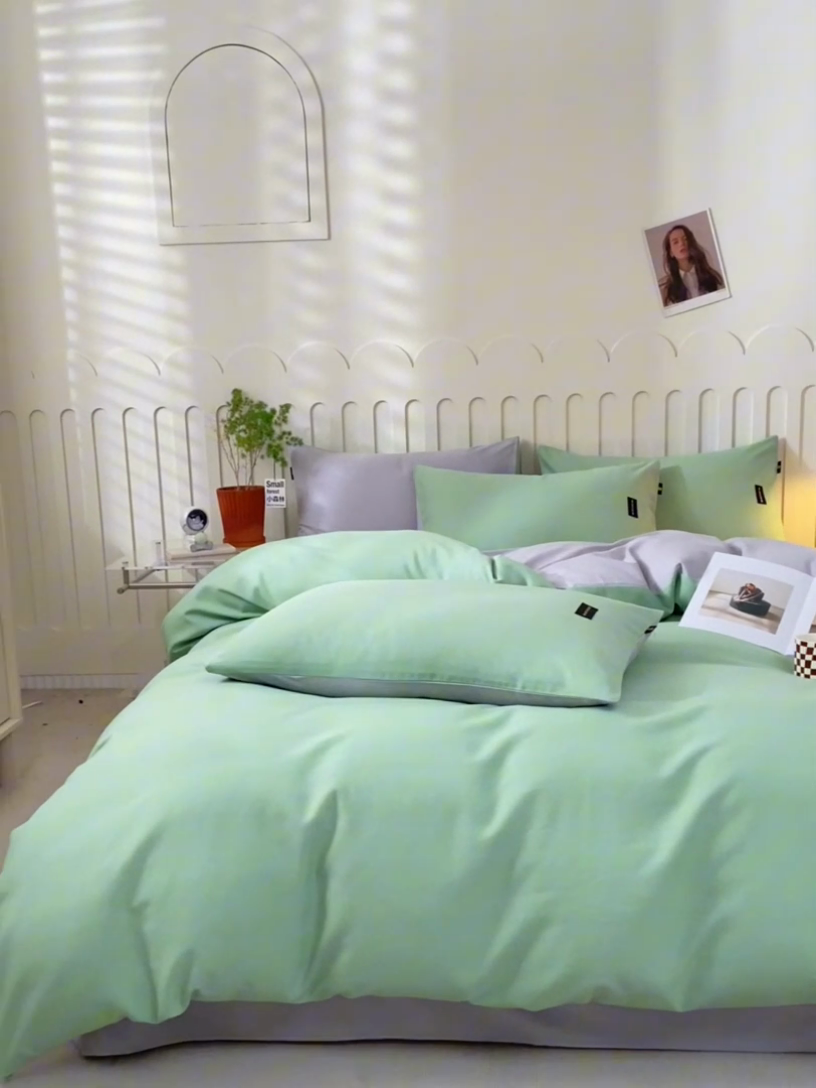 91家纺网 家纺一手货源 找家纺 涵宸家纺 2024新款原棉纯色织标磨毛单品及套件--四件套 豆绿+浅灰