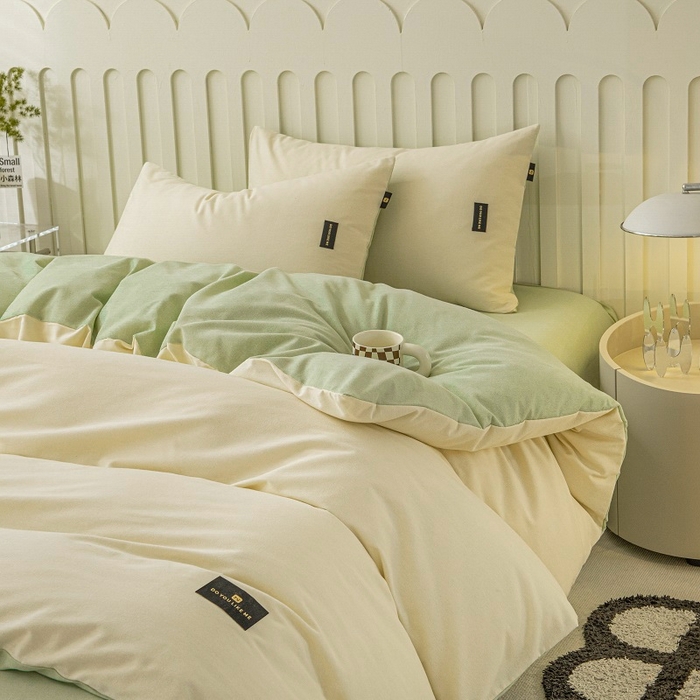 91家纺网 家纺一手货源 找家纺 涵宸家纺 2024新款原棉纯色织标磨毛单品及套件--被套 奶昔白+豆绿