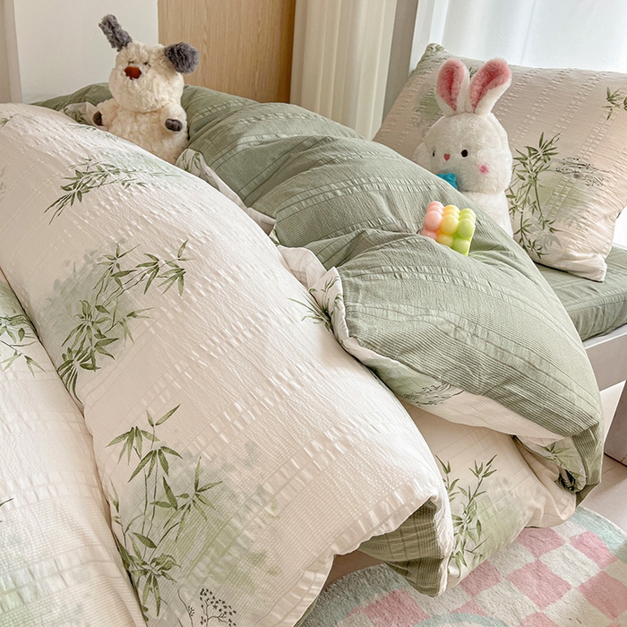 91家纺网 家纺一手货源 找家纺 安哆啦家纺 2024新款A类有氧泡泡纱云纱棉学生季宿舍床三四件套 有竹