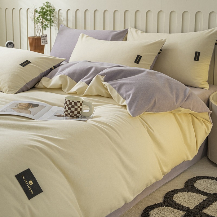 91家纺网 家纺一手货源 找家纺 涵宸家纺 2024新款原棉纯色织标磨毛单品及套件--四件套 奶昔白+烟紫