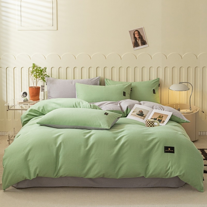 91家纺网 家纺一手货源 找家纺 涵宸家纺 2024新款原棉纯色织标磨毛单品及套件--四件套 豆绿+浅灰