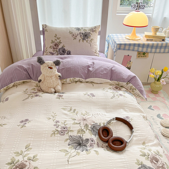 91家纺网 家纺一手货源 找家纺 安哆啦家纺 2024新款A类有氧泡泡纱云纱棉学生季宿舍床三四件套 法式花朵