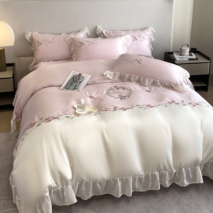 91家纺网 家纺一手货源 找家纺 优悦生活馆 2024新款刺绣款磨毛四件套-假日玫瑰 假日玫瑰-粉