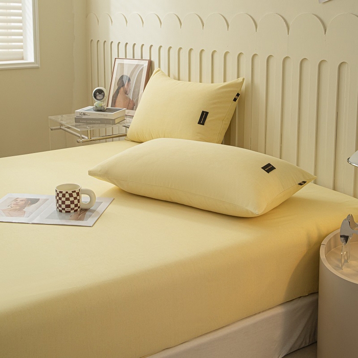 91家纺网 家纺一手货源 找家纺 涵宸家纺 2024新款原棉纯色织标磨毛单品及套件--床笠 单床笠-奶黄