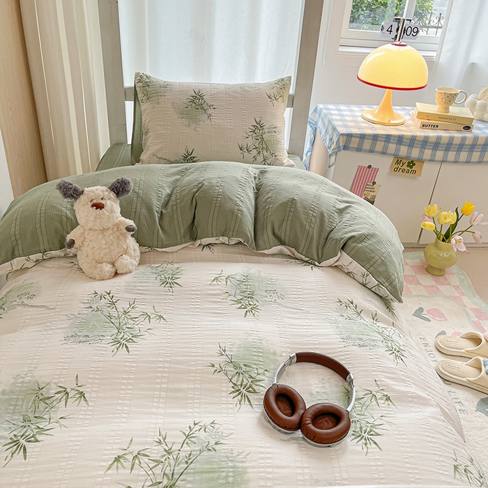 91家纺网 家纺一手货源 找家纺 安哆啦家纺 2024新款A类有氧泡泡纱云纱棉学生季宿舍床三四件套 有竹