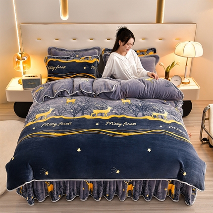 馨梦缘 2025新款小包边款牛奶绒8.5斤高克重牛奶绒金雕绒床裙款四件套 发财鹿